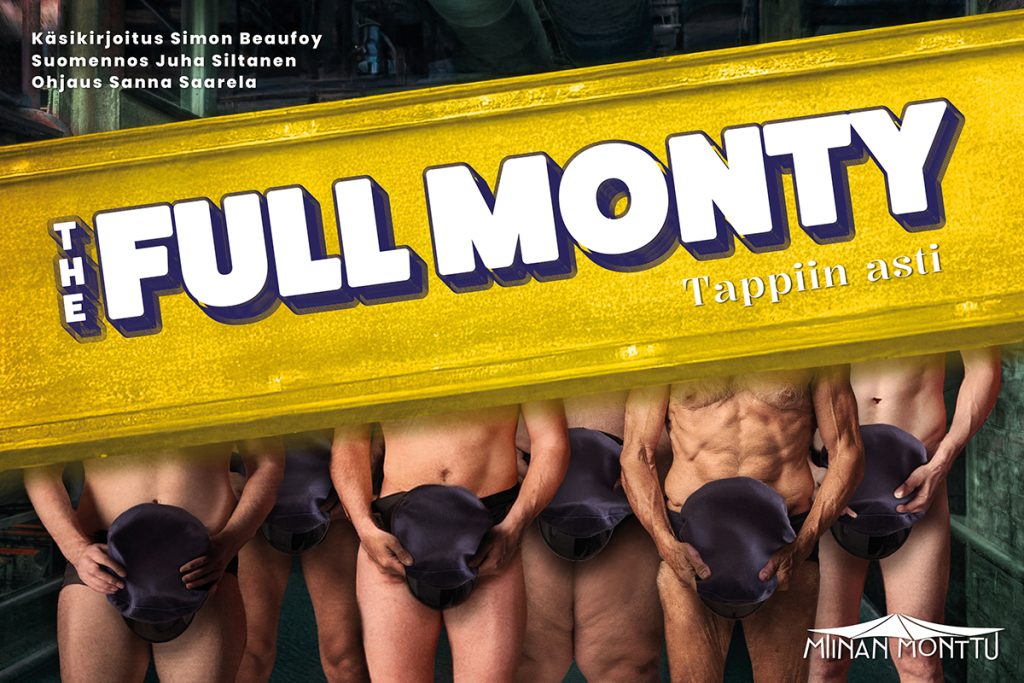 The Full Monty - tappiin asti, kuvassa seisoo kolme alastonta miestä, jotka peittävät itsensä hatuilla.